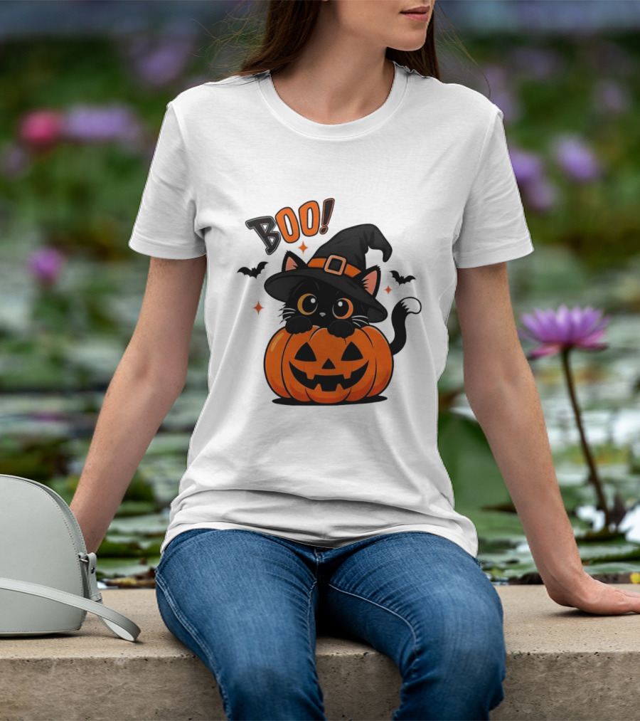 Boo Halloween Black Cat Witch Hat Jack O Lantern Pumpkin T-Shirt