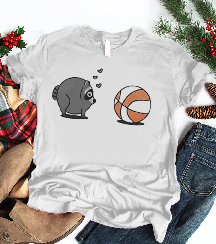 Chubby Cartoon Raccoon Admiring Basketball With Pink Hearts T-Shirt