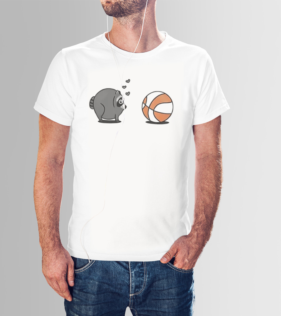 Chubby Cartoon Raccoon Admiring Basketball With Pink Hearts T-Shirt