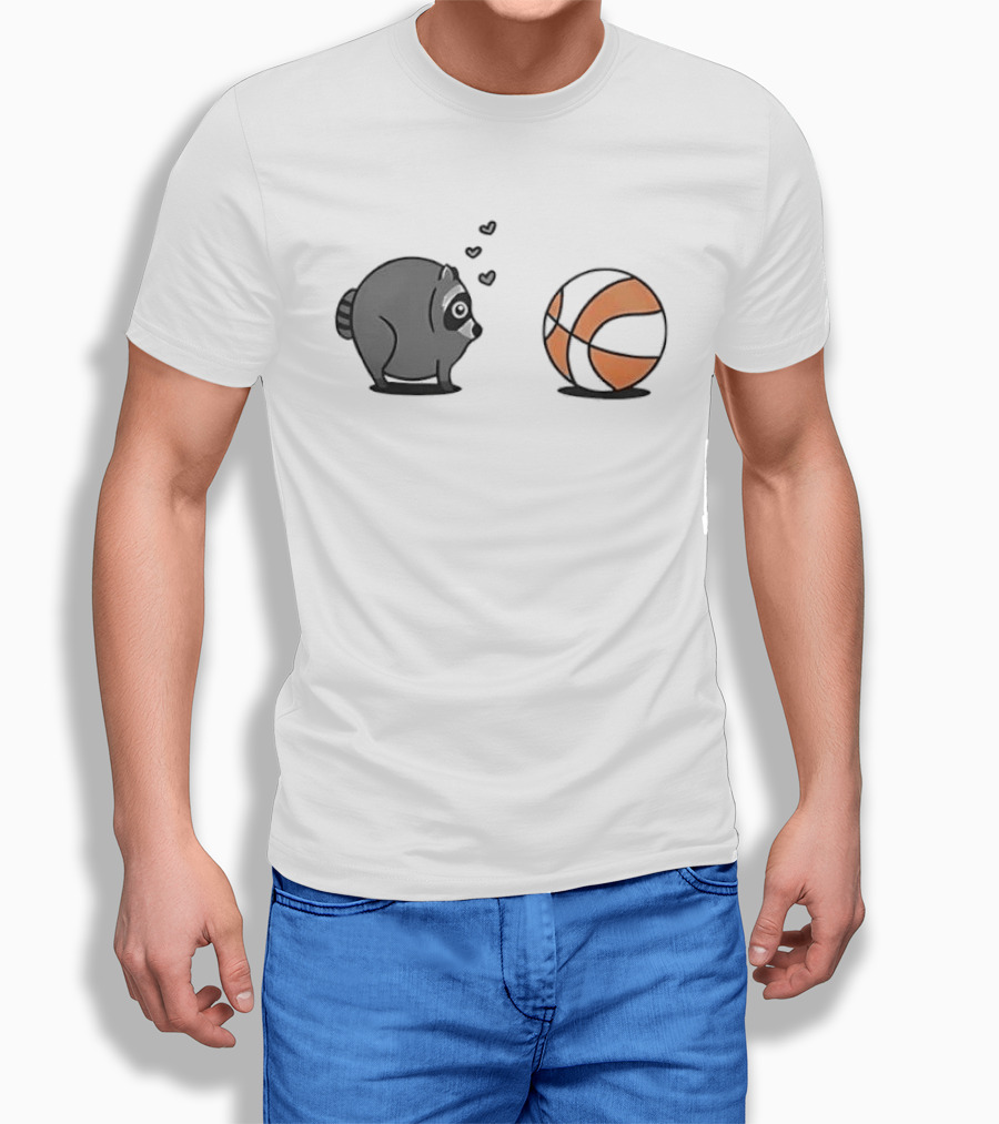 Chubby Cartoon Raccoon Admiring Basketball With Pink Hearts T-Shirt