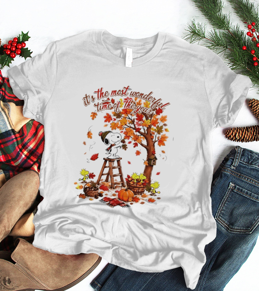 Snoopy It's The Most Wonderful Time Of The Year Autumn Tree Pumpkin Woodstock T-Shirt