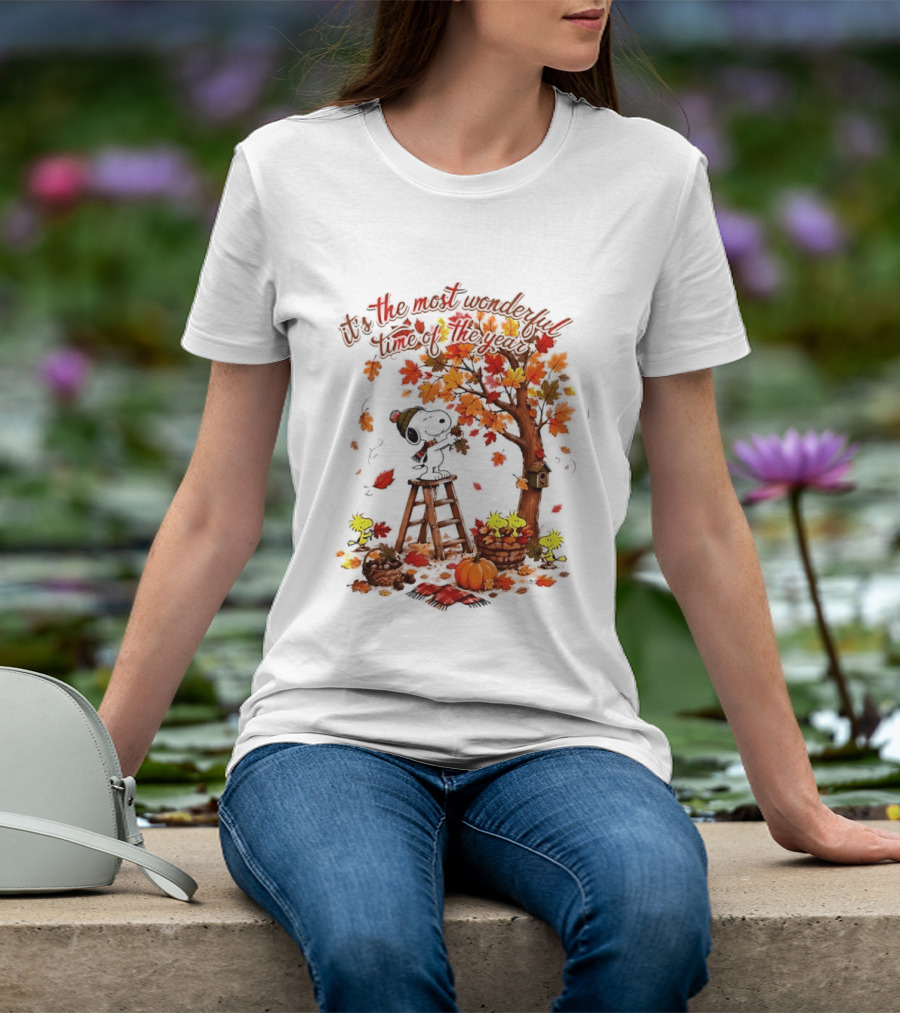 Snoopy It's The Most Wonderful Time Of The Year Autumn Tree Pumpkin Woodstock T-Shirt