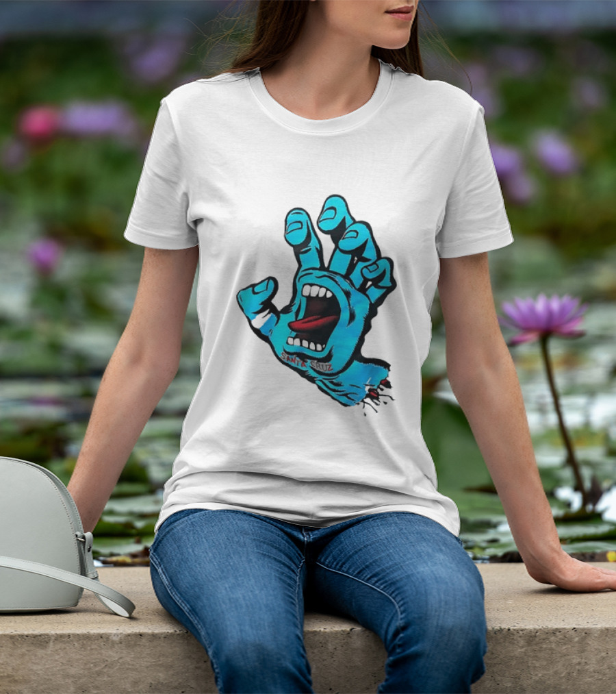 Santa Cruz Blue Screaming Hand Open Mouth Tongue Cartoon T-Shirt