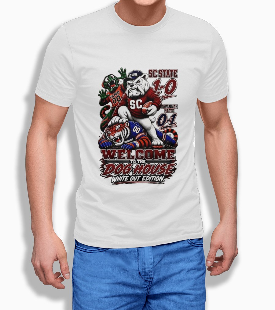 South Carolina State Bulldogs 1 0 Welcome To The Dog House White Out Edition Cartoon Tackling Tiger Savannah State 0 1 FAMU 00 T-Shirt