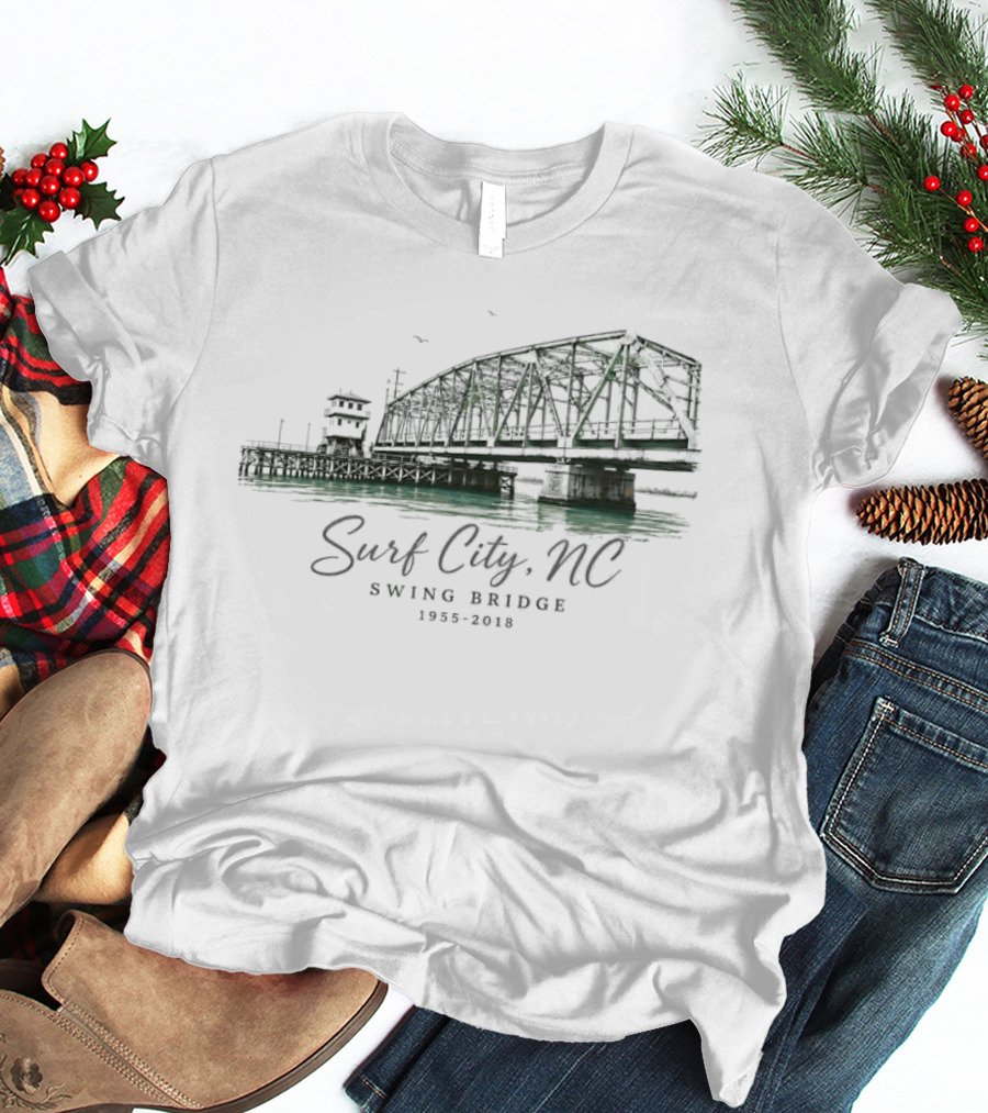 Surf City NC Swing Bridge 1955 2018 Water Birds Coastal Pier Green Watercolor T-Shirt