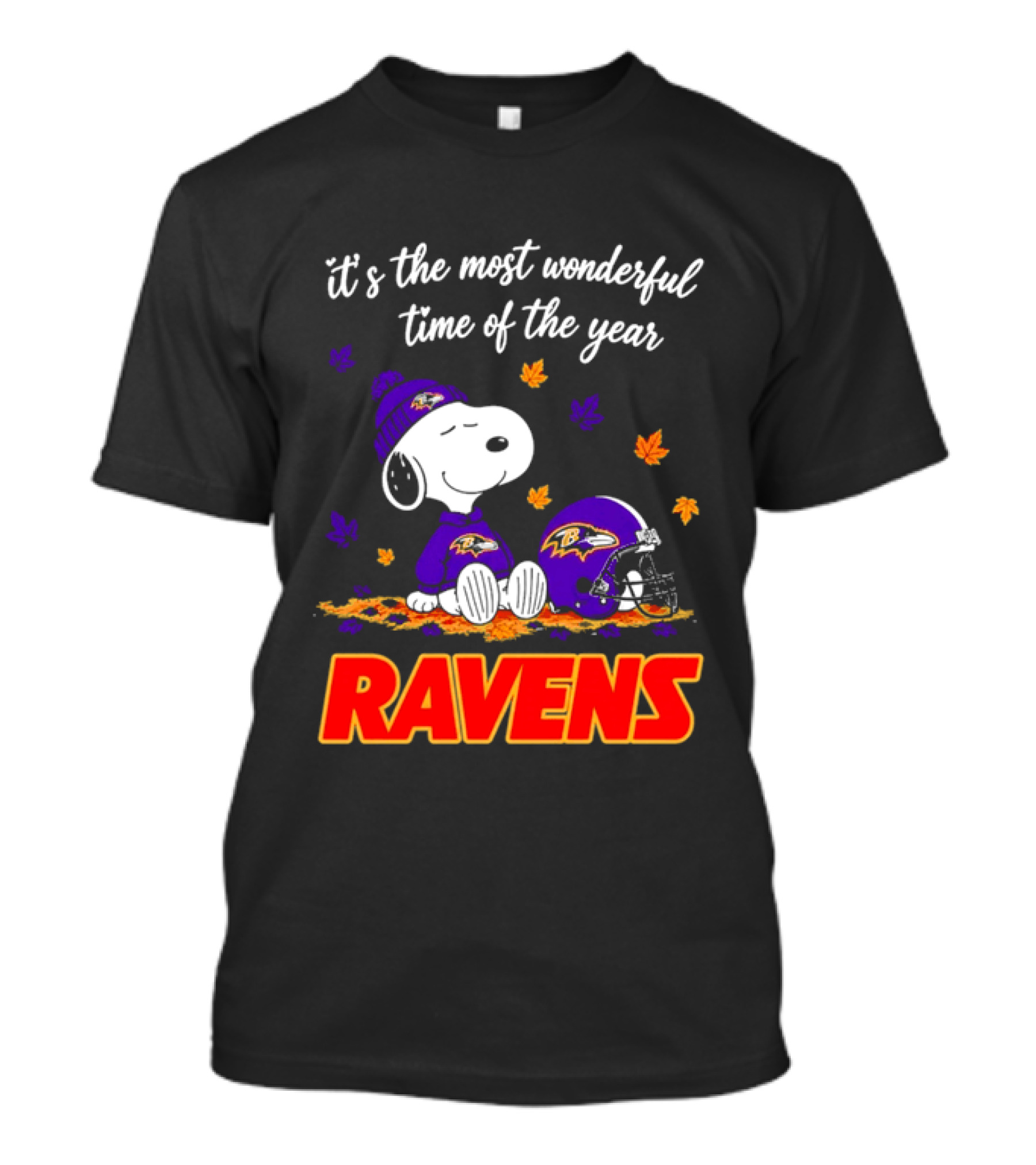 Baltimore Ravens It's The Most Wonderful Time Of Year Snoopy Sitting Leaves Football Helmet T-Shirt