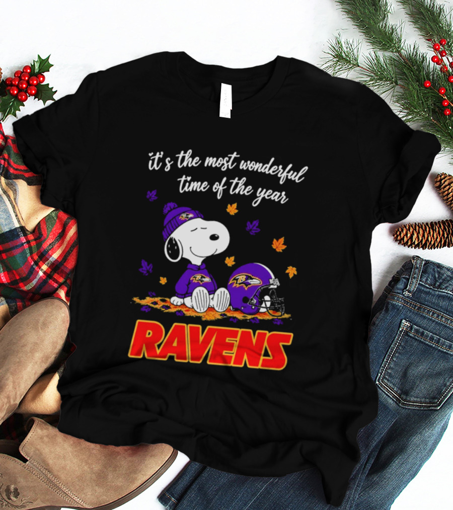 Baltimore Ravens It's The Most Wonderful Time Of Year Snoopy Sitting Leaves Football Helmet T-Shirt