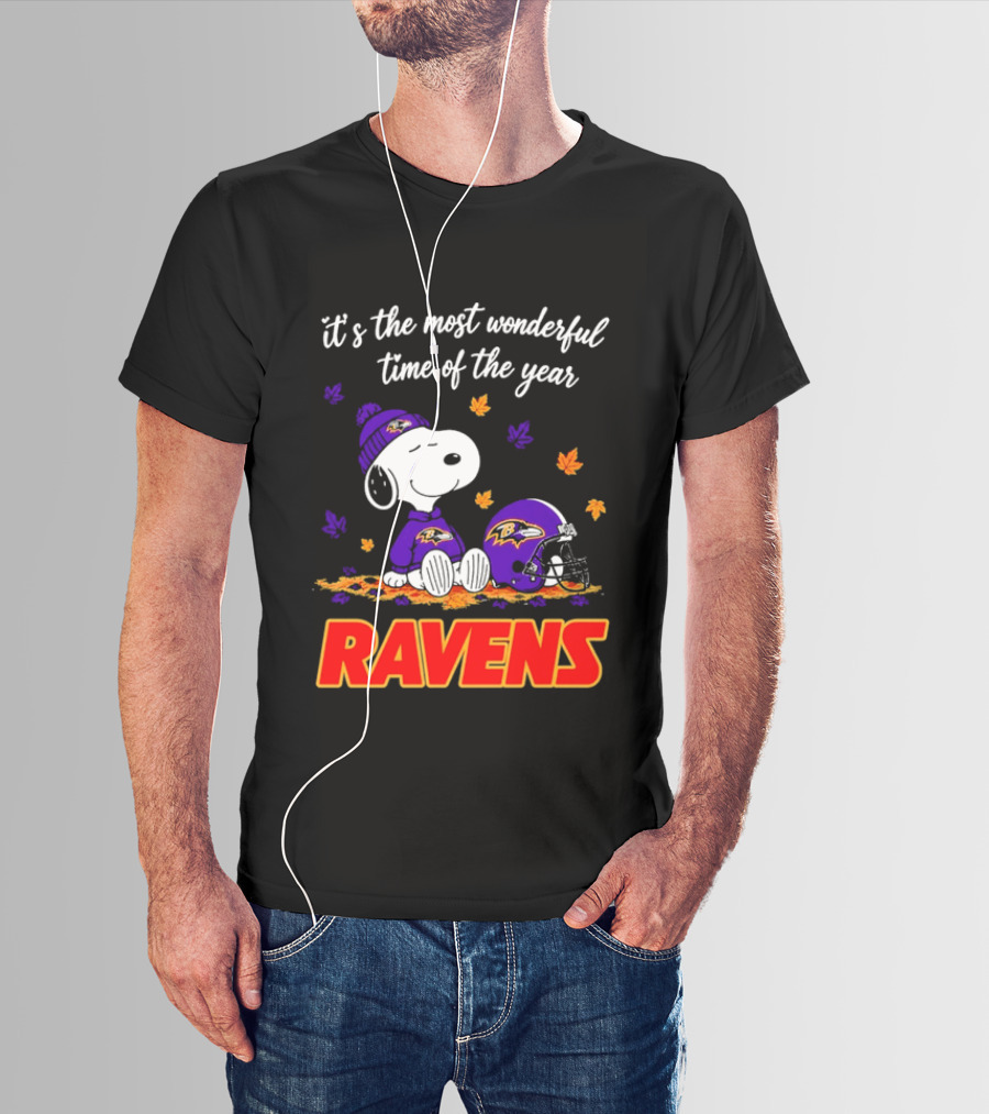 Baltimore Ravens It's The Most Wonderful Time Of Year Snoopy Sitting Leaves Football Helmet T-Shirt