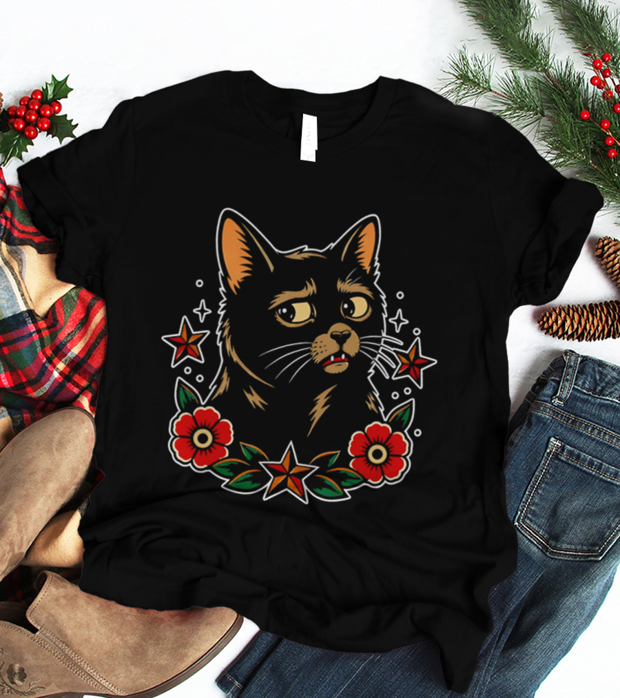 Black Cat Surrounded By Stars And Red Flowers T-Shirt