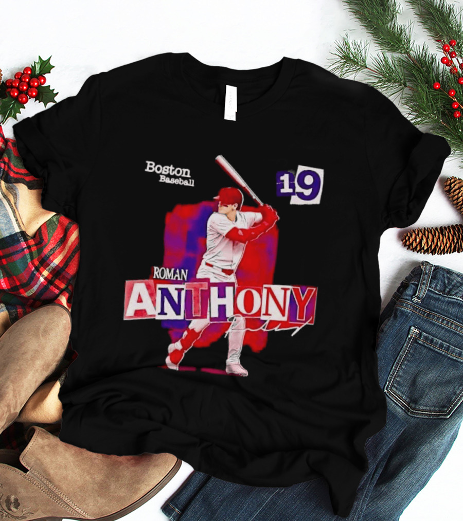 Boston Baseball 19 Roman Anthony Player Batting Red Paint T-Shirt