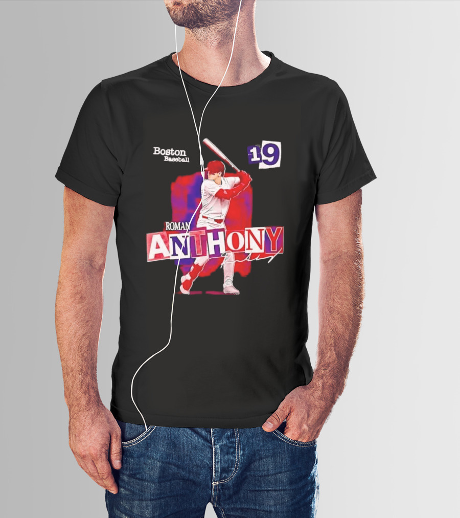 Boston Baseball 19 Roman Anthony Player Batting Red Paint T-Shirt