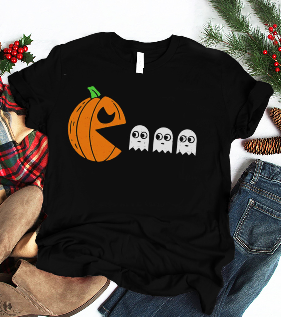 Halloween Pumpkin Pac Man Chasing White Ghosts Distressed Cartoon T-Shirt