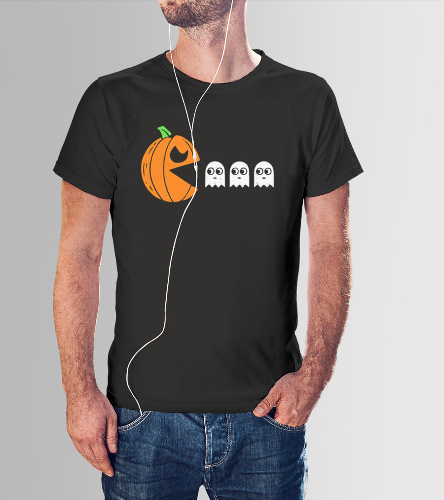 Halloween Pumpkin Pac Man Chasing White Ghosts Distressed Cartoon T-Shirt