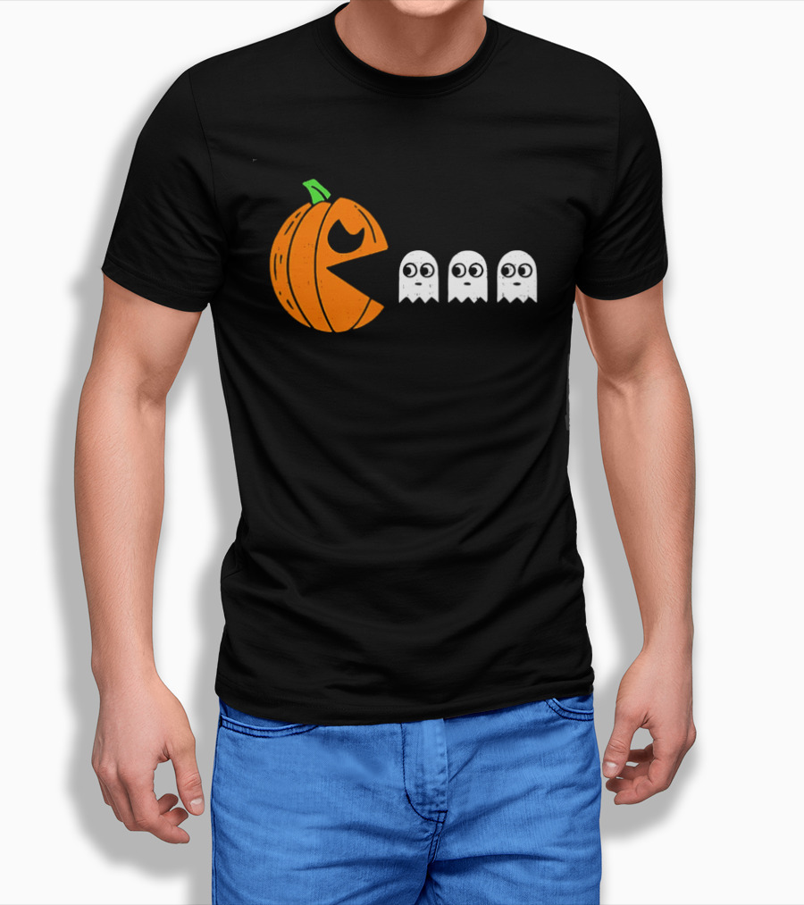 Halloween Pumpkin Pac Man Chasing White Ghosts Distressed Cartoon T-Shirt