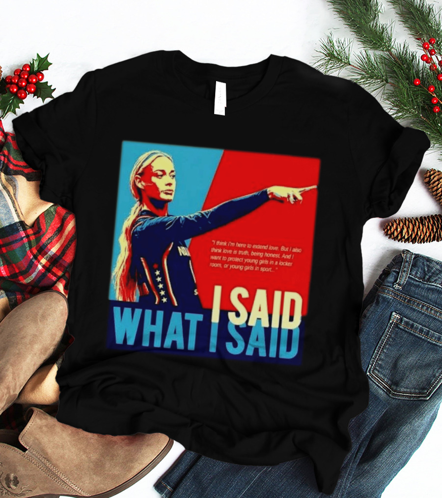 I Said What Blonde Female Athlete Pointing Red Blue Stylized Truth Honesty Protecting Young Girls In Sport T-Shirt