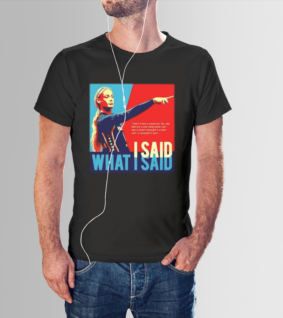 I Said What Blonde Female Athlete Pointing Red Blue Stylized Truth Honesty Protecting Young Girls In Sport T-Shirt