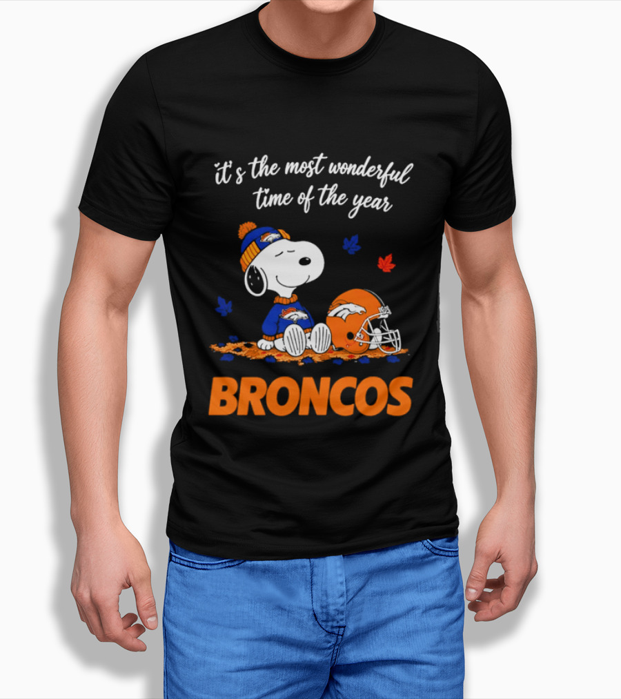 Denver Broncos Snoopy Its The Most Wonderful Time Of Year Autumn Leaves T-Shirt