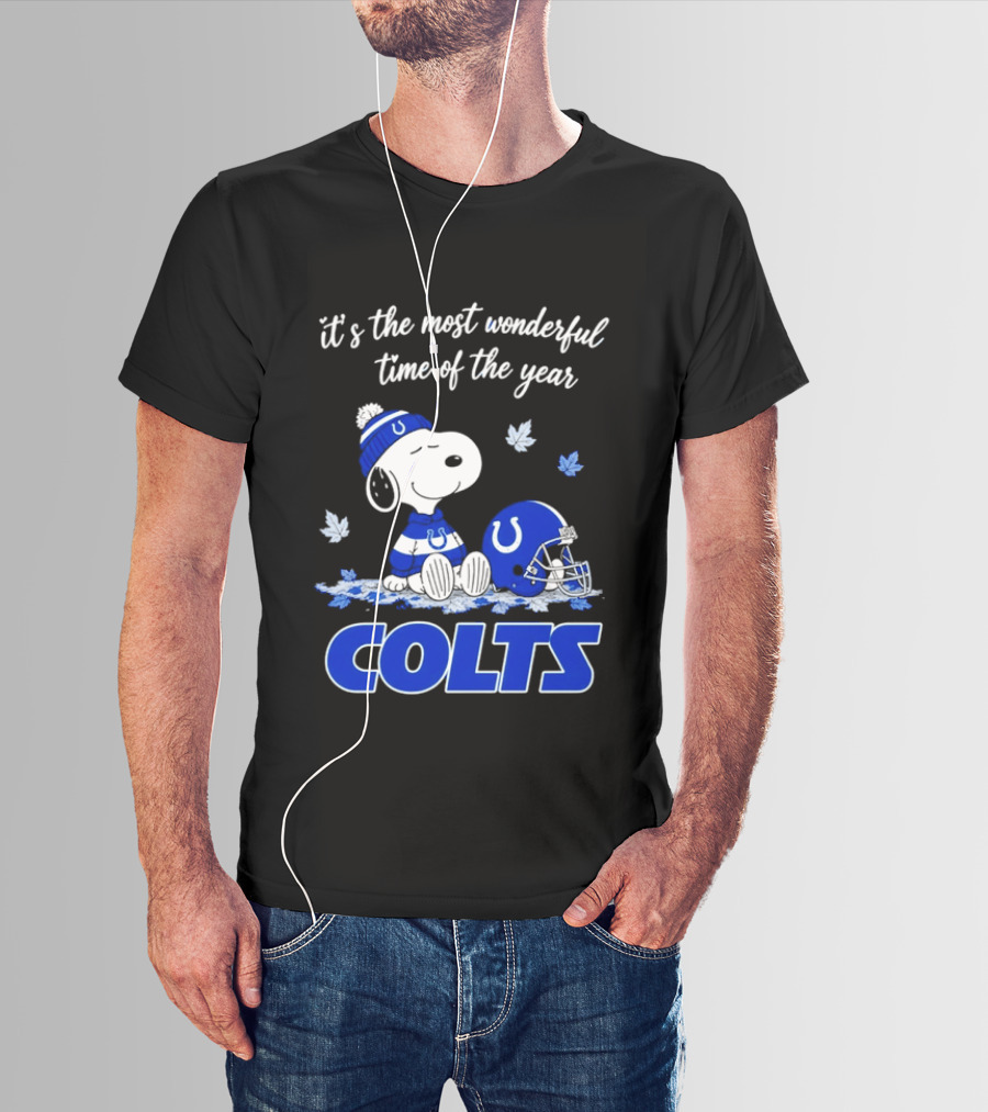Indianapolis Colts Snoopy Beanie Helmet Leaves It's The Most Wonderful Time Of The Year T-Shirt