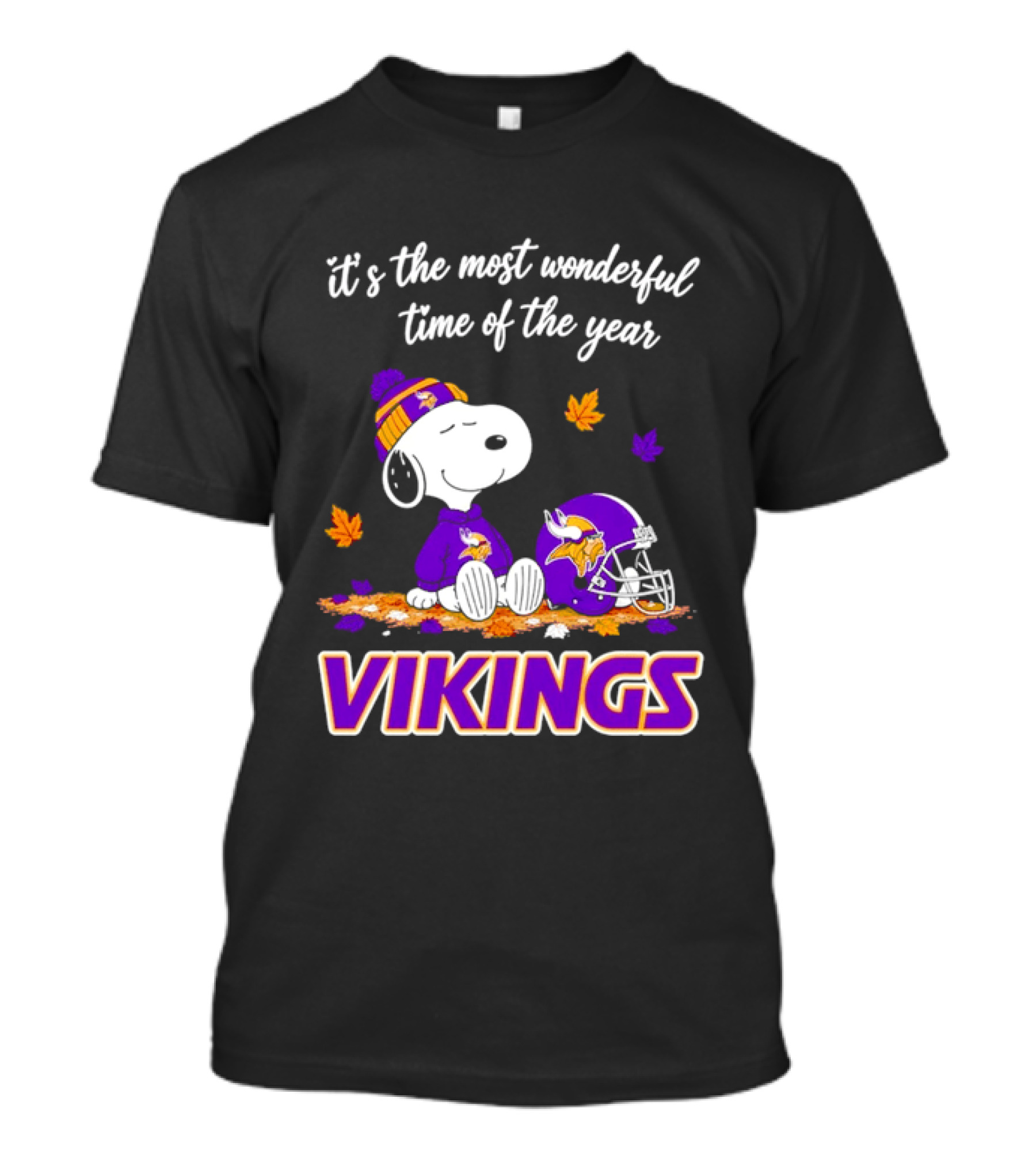 Minnesota Vikings It's The Most Wonderful Time Of The Year Snoopy Sitting Helmet Autumn Leaves T-Shirt