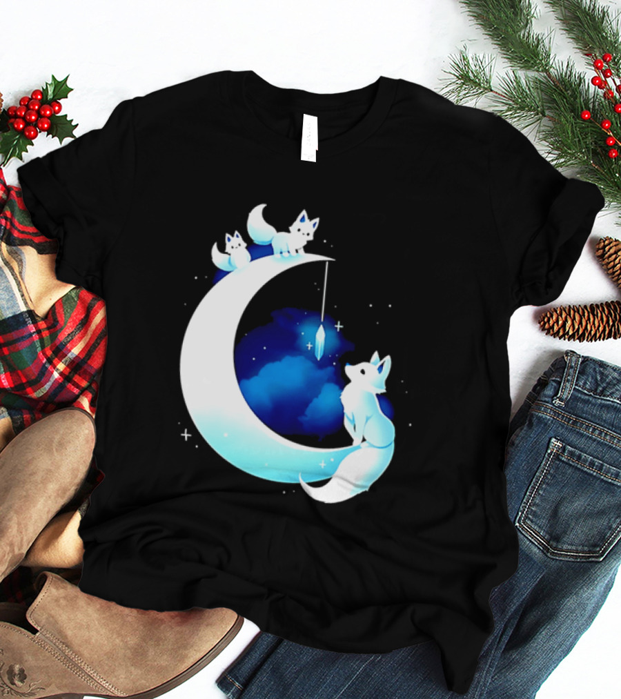 Glowing White Arctic Foxes Crescent Moon Crystal Night Sky T-Shirt