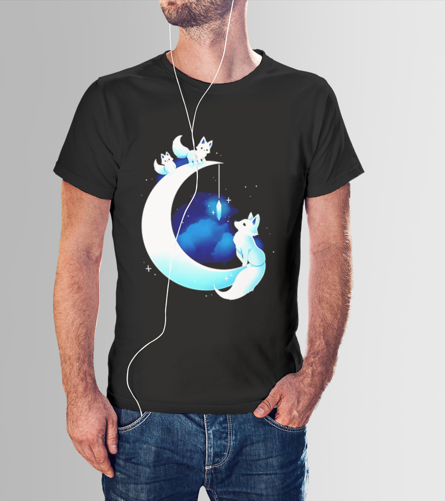 Glowing White Arctic Foxes Crescent Moon Crystal Night Sky T-Shirt
