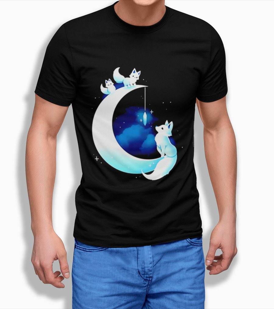 Glowing White Arctic Foxes Crescent Moon Crystal Night Sky T-Shirt