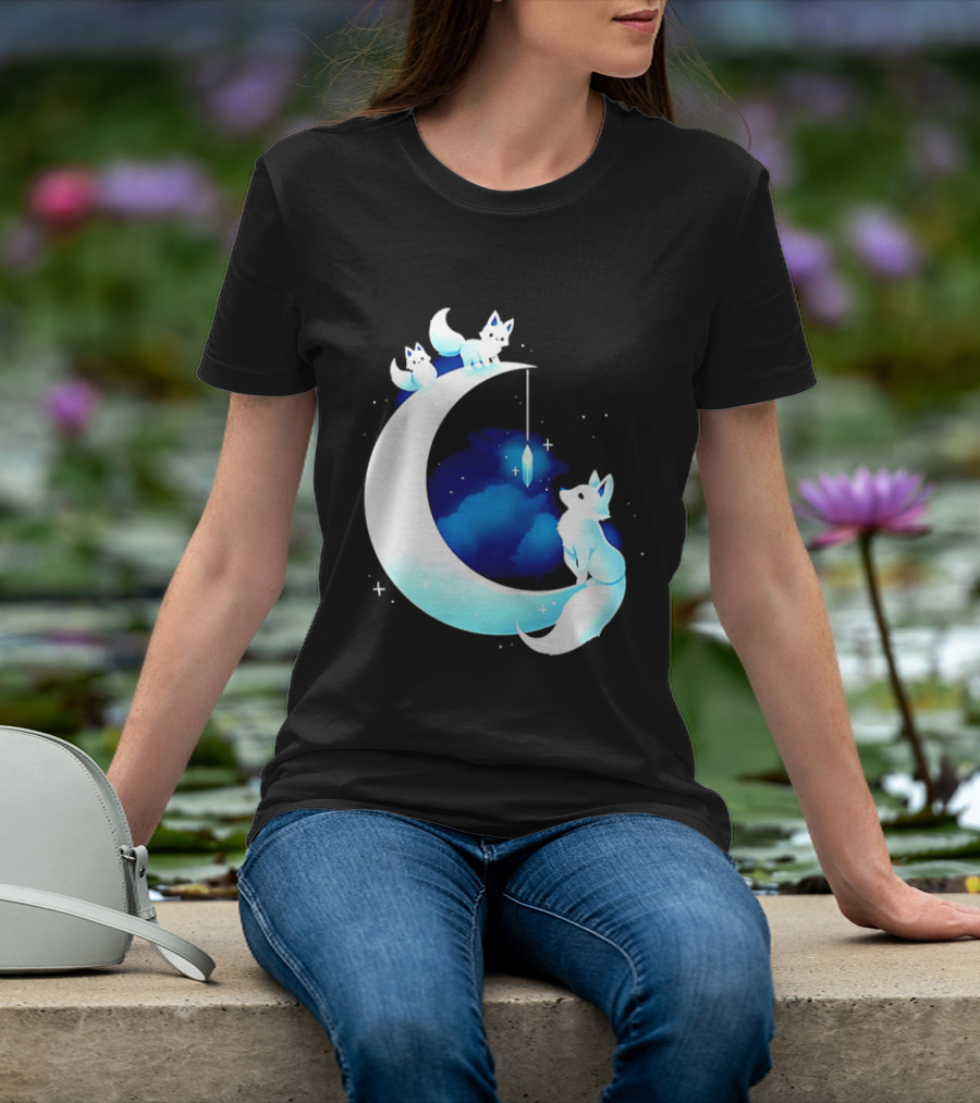 Glowing White Arctic Foxes Crescent Moon Crystal Night Sky T-Shirt