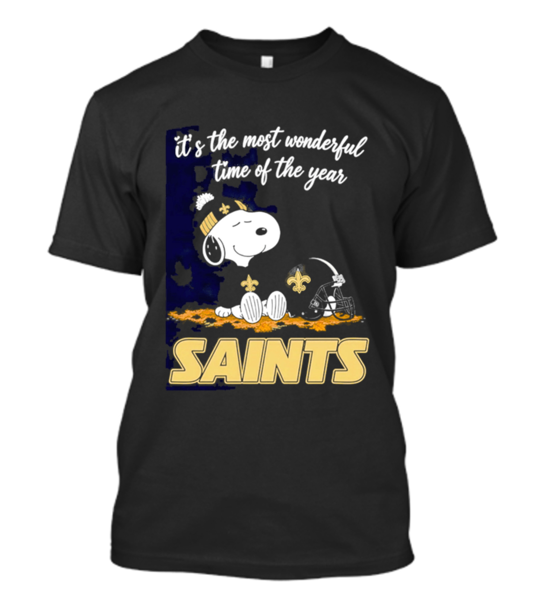 New Orleans Saints Snoopy Beanie Helmet Autumn Leaves Most Wonderful Time Of Year T-Shirt