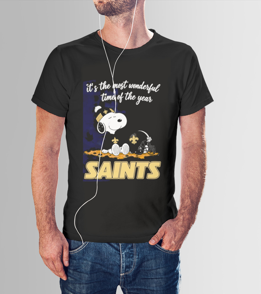 New Orleans Saints Snoopy Beanie Helmet Autumn Leaves Most Wonderful Time Of Year T-Shirt