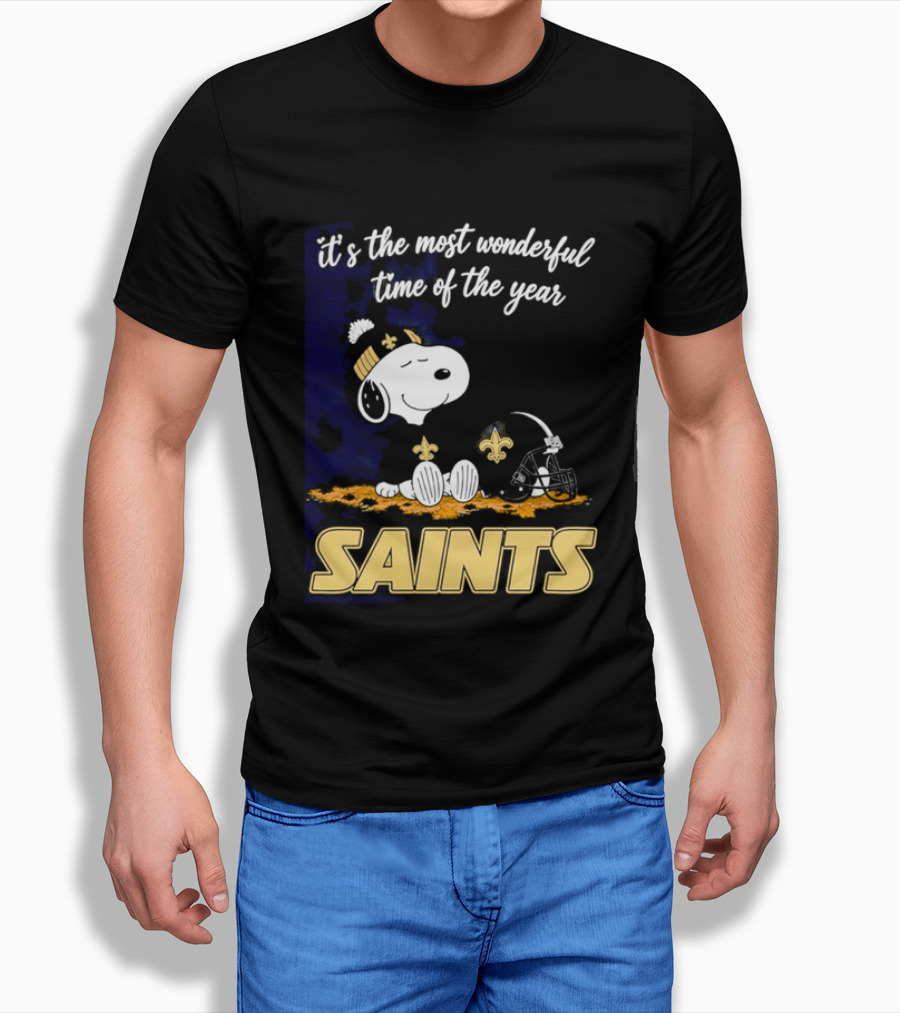New Orleans Saints Snoopy Beanie Helmet Autumn Leaves Most Wonderful Time Of Year T-Shirt