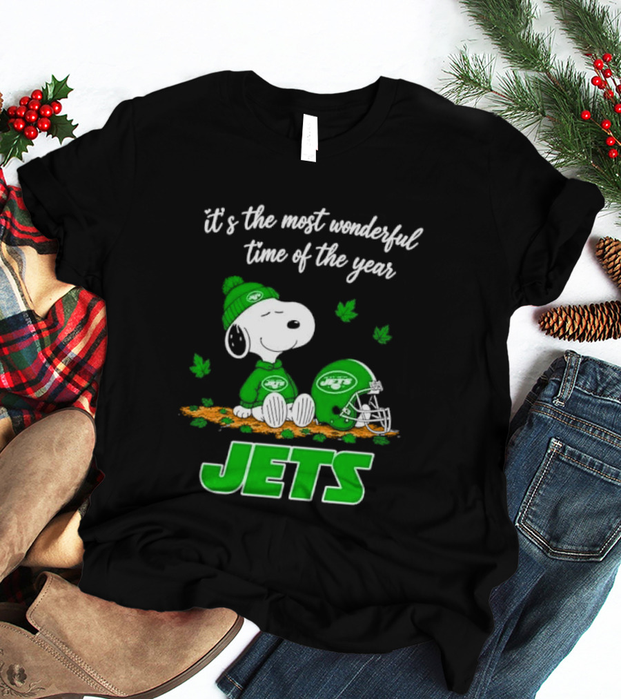 New York Jets It's The Most Wonderful Time Of Year Cartoon Dog Beanie Helmet Autumn Leaves T-Shirt