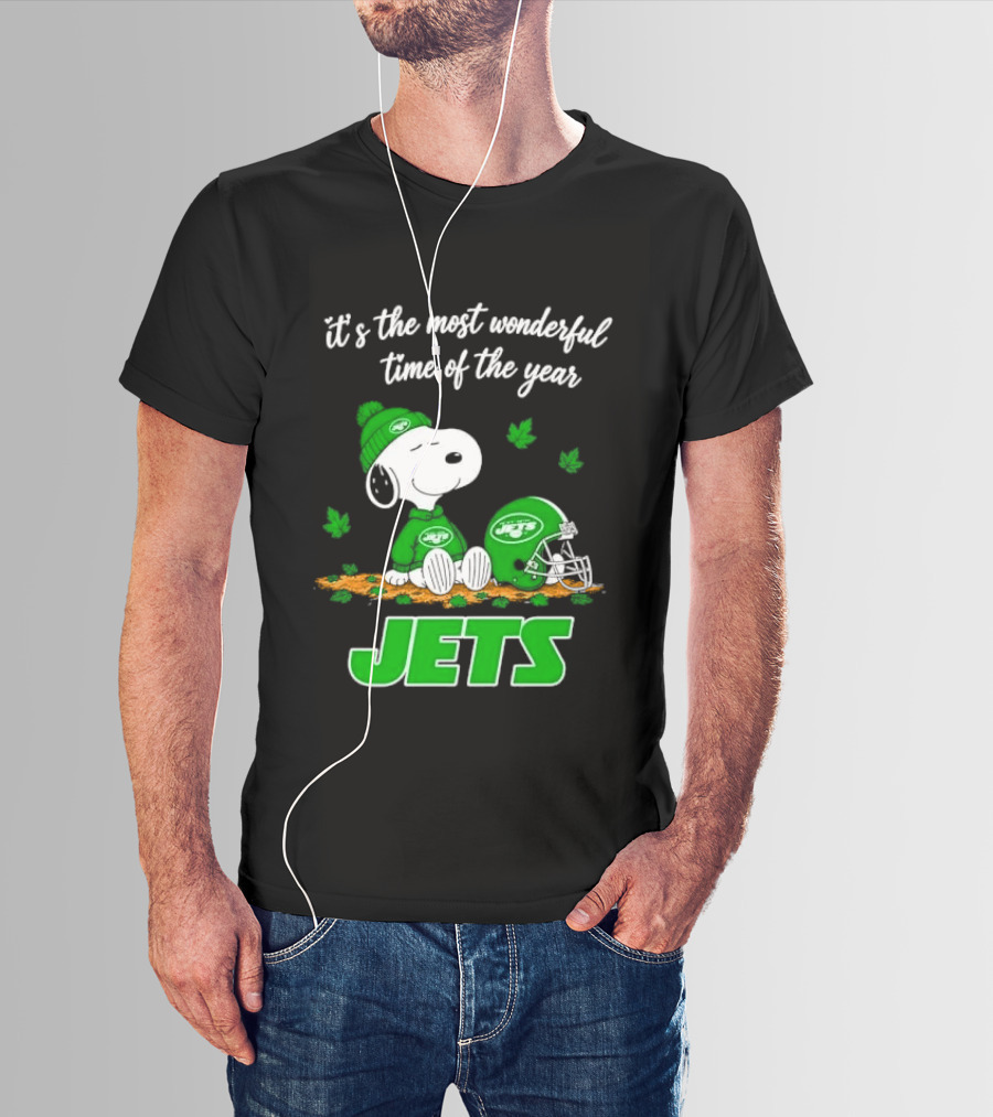 New York Jets It's The Most Wonderful Time Of Year Cartoon Dog Beanie Helmet Autumn Leaves T-Shirt