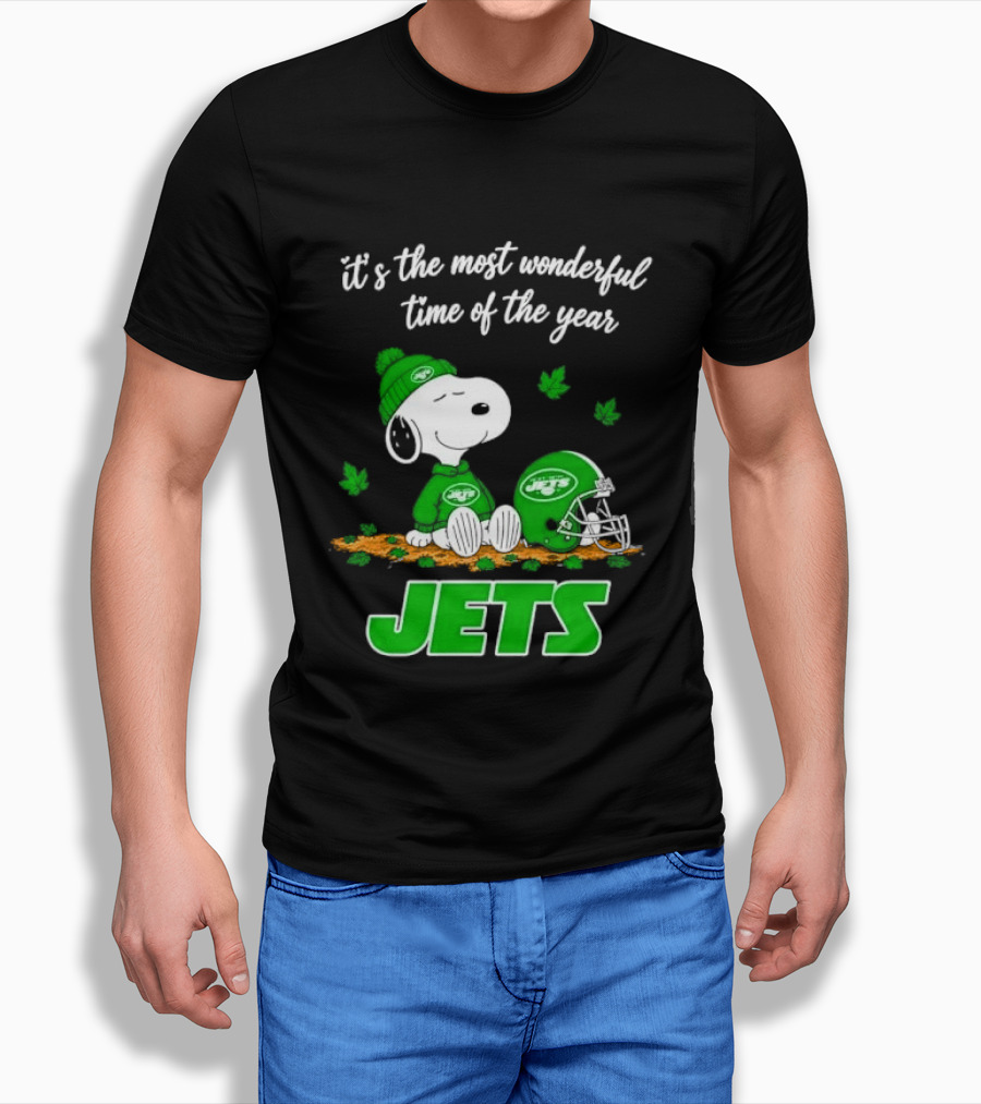 New York Jets It's The Most Wonderful Time Of Year Cartoon Dog Beanie Helmet Autumn Leaves T-Shirt