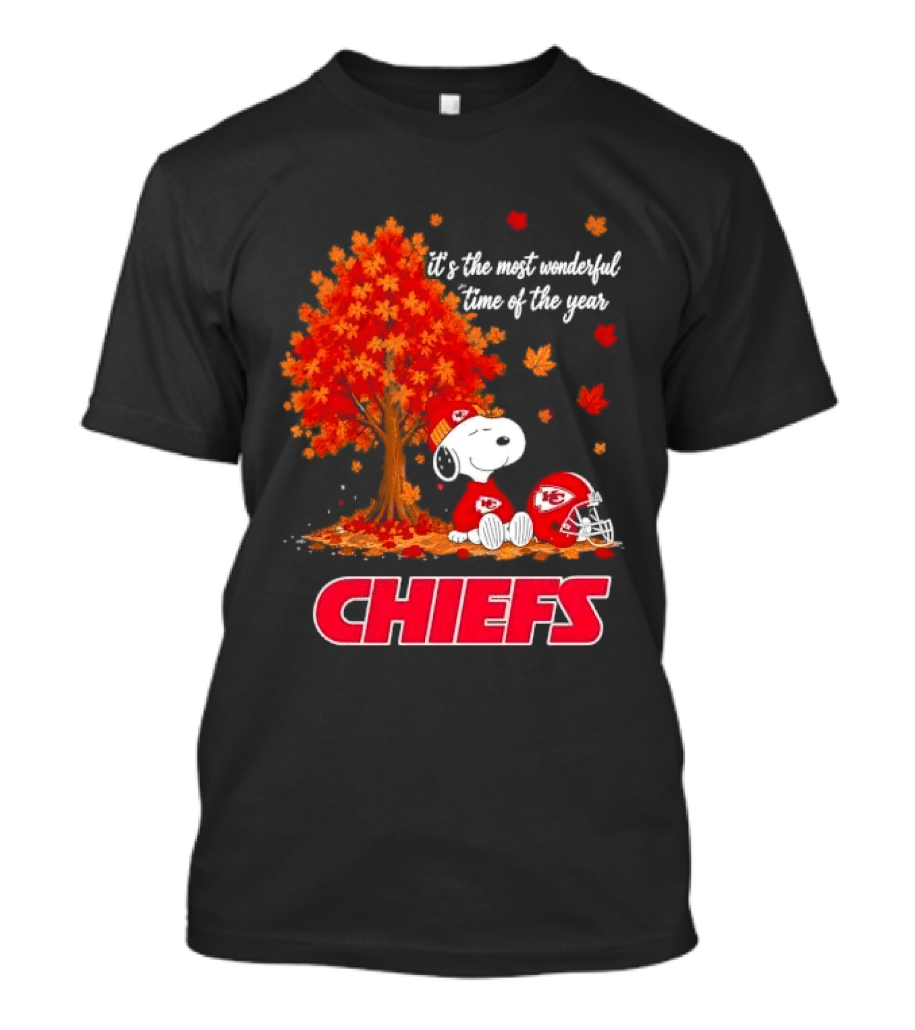 Kansas City Chiefs Snoopy Autumn Tree Football Helmet Most Wonderful Time Of The Year T-Shirt
