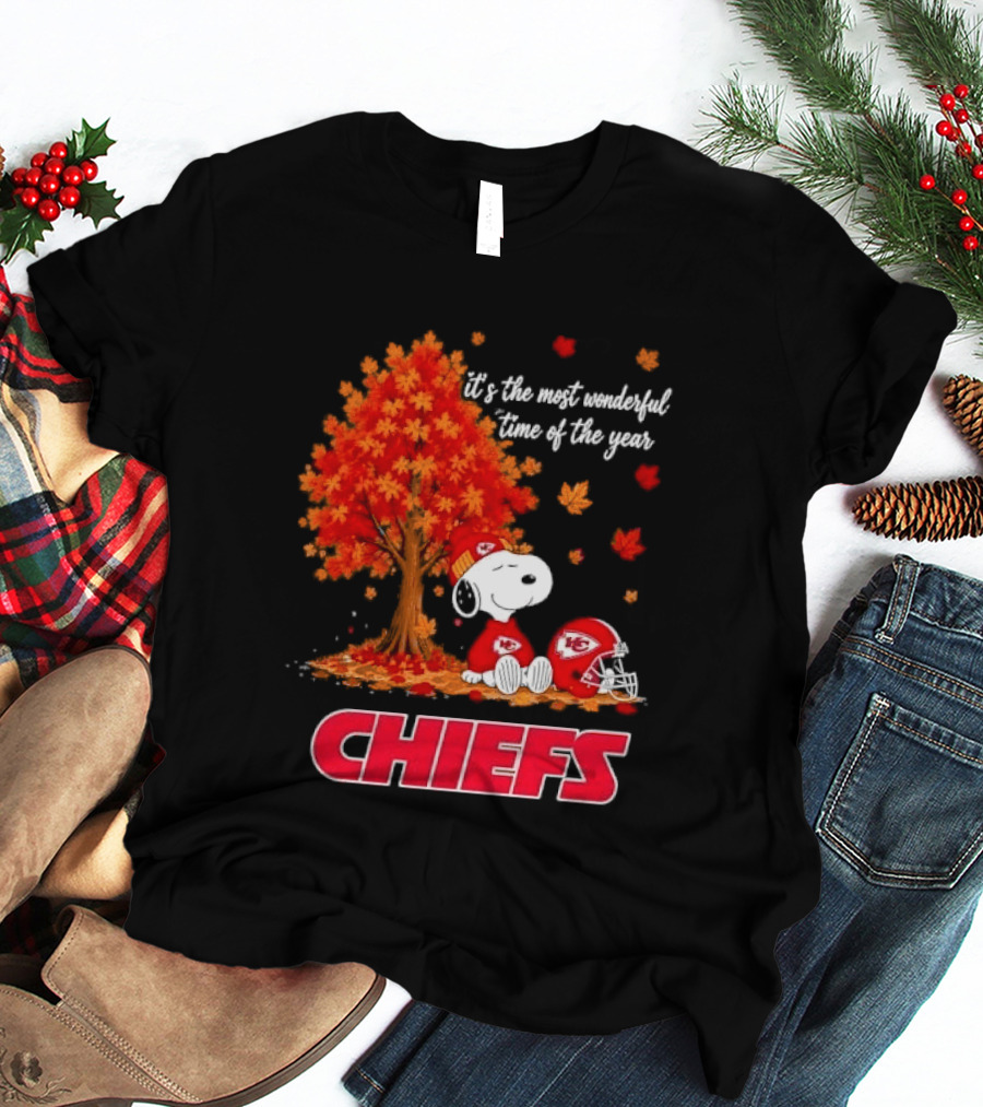 Kansas City Chiefs Snoopy Autumn Tree Football Helmet Most Wonderful Time Of The Year T-Shirt