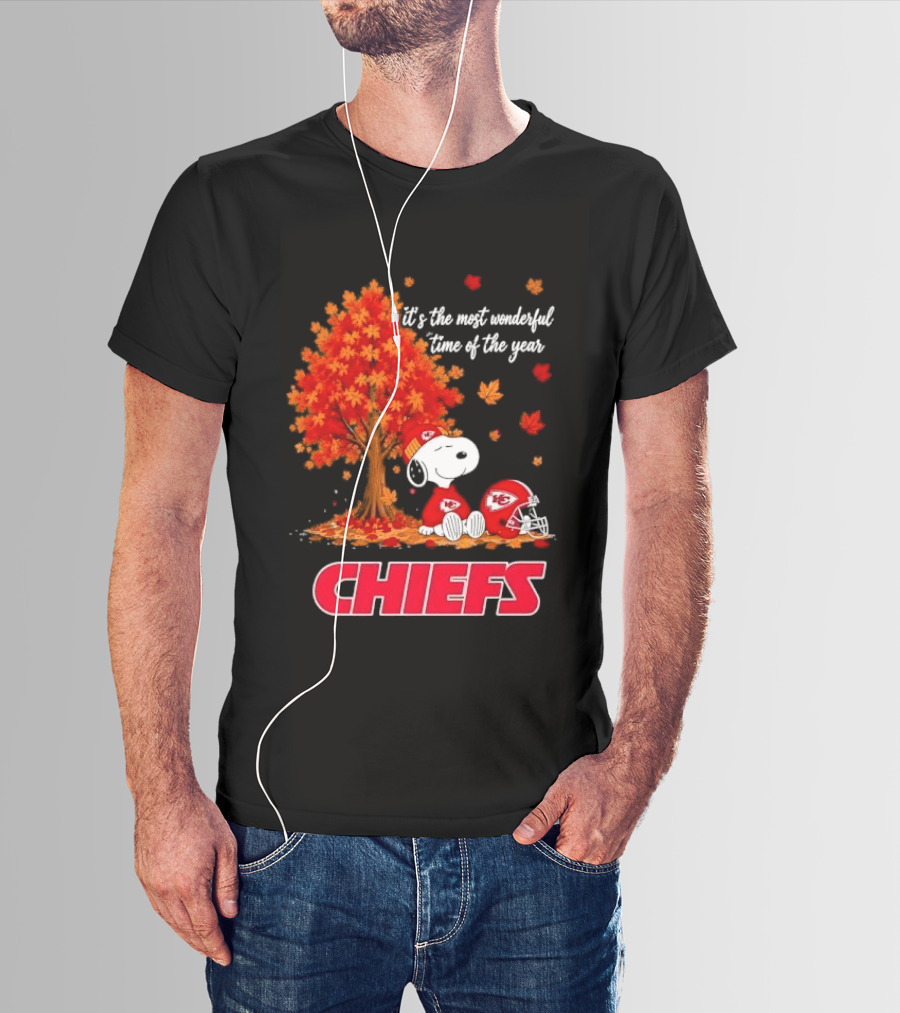 Kansas City Chiefs Snoopy Autumn Tree Football Helmet Most Wonderful Time Of The Year T-Shirt