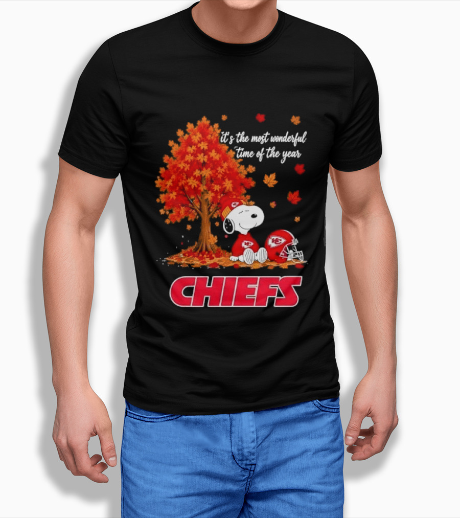 Kansas City Chiefs Snoopy Autumn Tree Football Helmet Most Wonderful Time Of The Year T-Shirt