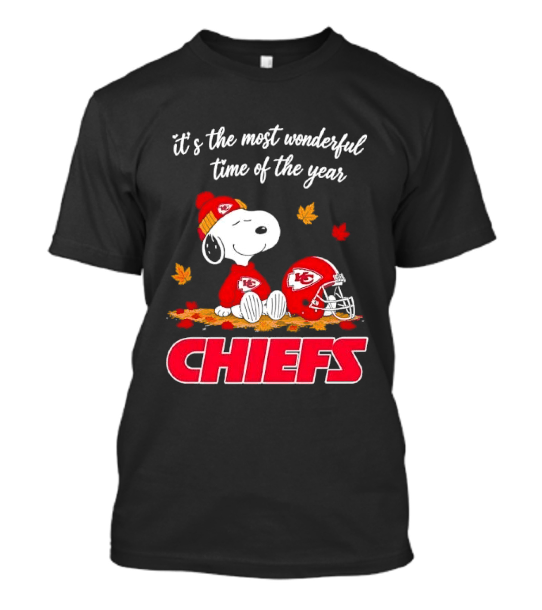 Kansas City Chiefs Snoopy It's The Most Wonderful Time Of The Year Helmet Autumn Leaves T-Shirt