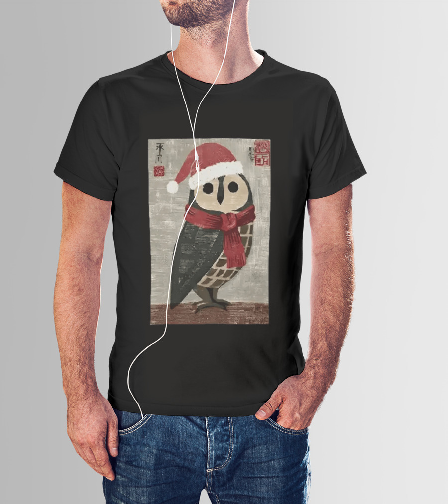 Owl With Red Santa Hat And Scarf Japanese Calligraphy T-Shirt