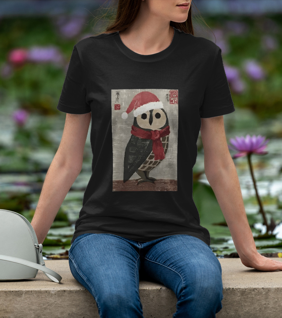 Owl With Red Santa Hat And Scarf Japanese Calligraphy T-Shirt