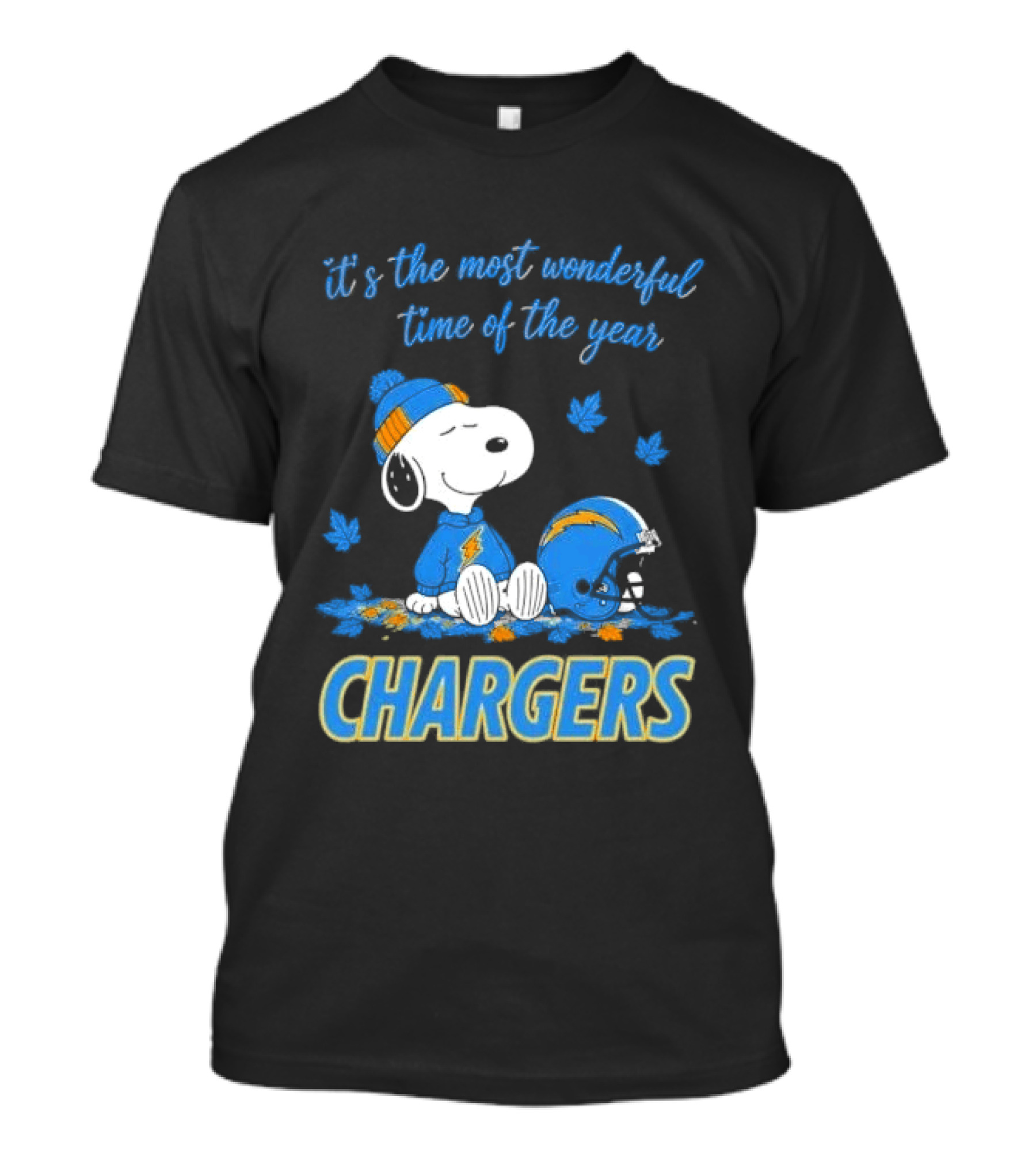 It's The Most Wonderful Time Of The Year Los Angeles Chargers Snoopy Sitting Helmet Falling Leaves T-Shirt