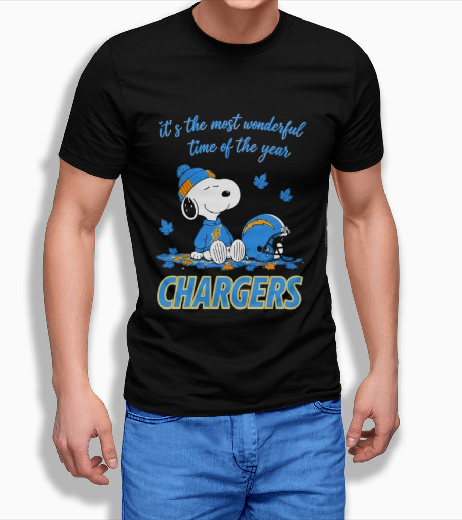 It's The Most Wonderful Time Of The Year Los Angeles Chargers Snoopy Sitting Helmet Falling Leaves T-Shirt