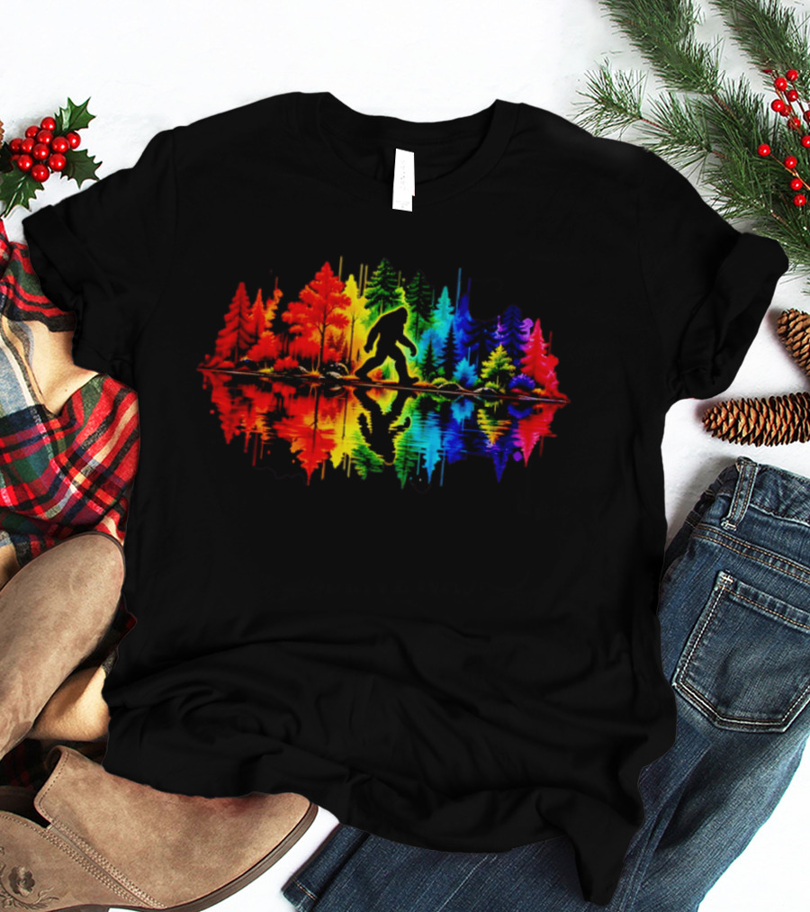Rainbow Bigfoot Forest Reflection T-Shirt