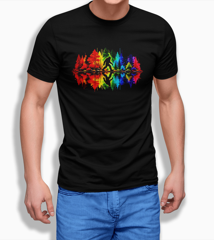 Rainbow Bigfoot Forest Reflection T-Shirt
