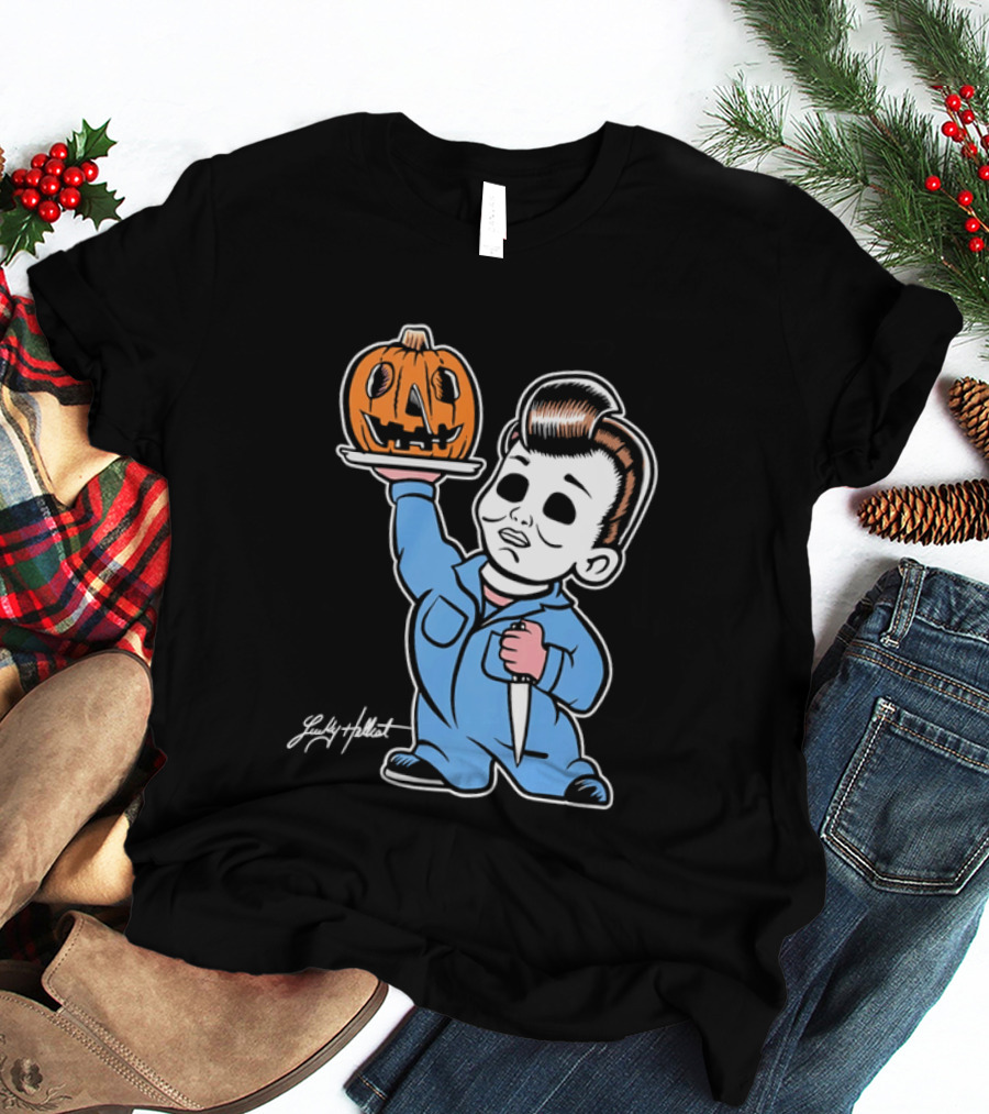 Lucky Hellcat Michael Myers Cartoon Pumpkin Knife Caricature T-Shirt