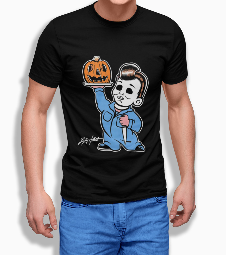 Lucky Hellcat Michael Myers Cartoon Pumpkin Knife Caricature T-Shirt