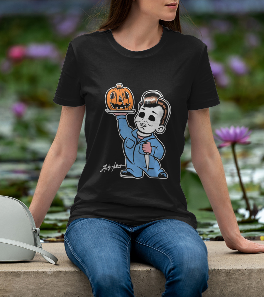Lucky Hellcat Michael Myers Cartoon Pumpkin Knife Caricature T-Shirt