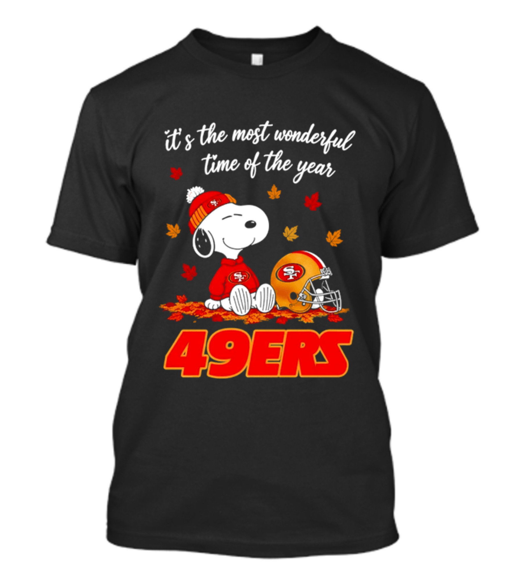 San Francisco 49ers Snoopy Beanie Autumn Leaves Most Wonderful Time T-Shirt