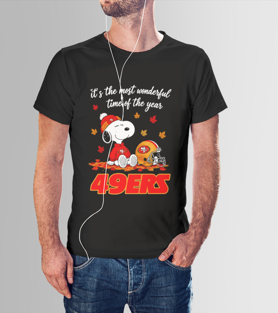 San Francisco 49ers Snoopy Beanie Autumn Leaves Most Wonderful Time T-Shirt