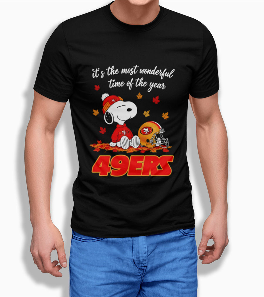 San Francisco 49ers Snoopy Beanie Autumn Leaves Most Wonderful Time T-Shirt